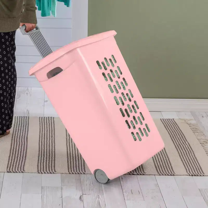 Sterilite Ultra Panier à linge roulant avec couvercle et poignée, givre rose, lot de 3