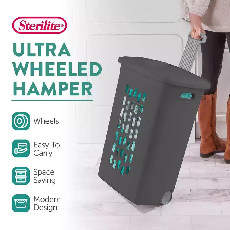 Panier à linge Sterilite Ultra sur roulettes, avec couvercle et poignée, gris plat, lot de 3