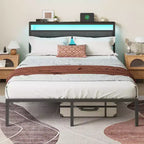 Cadre de lit plateforme Queen Size en métal noir avec tête de lit de rangement, éclairage LED intégré, station de recharge USB, rangement sous le lit, sommier tapissier non requis