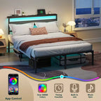 Cadre de lit plateforme Queen Size en métal noir avec tête de lit de rangement, éclairage LED intégré, station de recharge USB, rangement sous le lit, sommier tapissier non requis