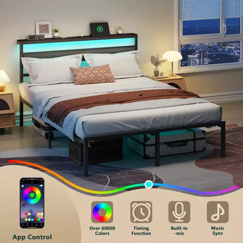 Cadre de lit plateforme Queen Size en métal noir avec tête de lit de rangement, éclairage LED intégré, station de recharge USB, rangement sous le lit, sommier tapissier non requis