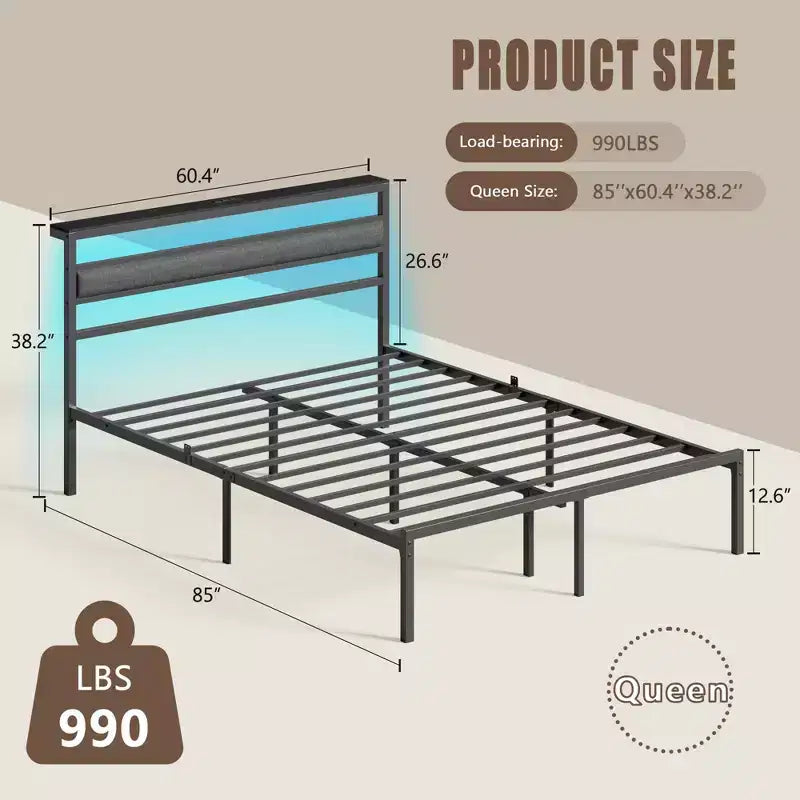 Cadre de lit plateforme Queen Size en métal noir avec tête de lit de rangement, éclairage LED intégré, station de recharge USB, rangement sous le lit, sommier tapissier non requis