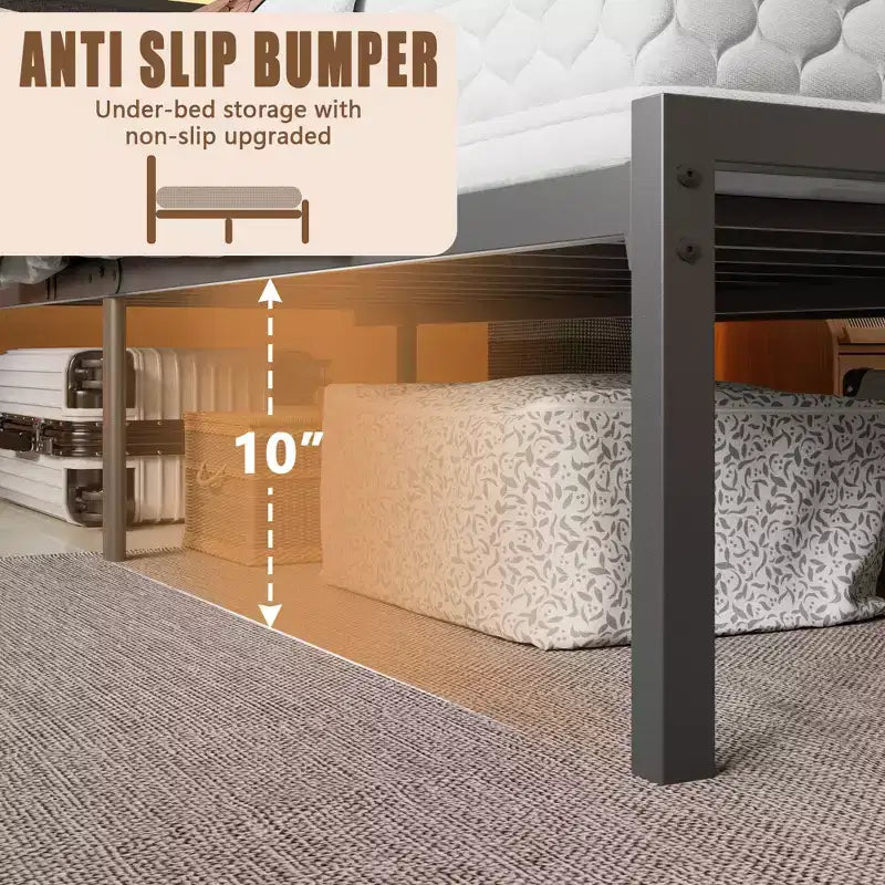 Cadre de lit plateforme Queen Size en métal noir avec tête de lit de rangement, éclairage LED intégré, station de recharge USB, rangement sous le lit, sommier tapissier non requis