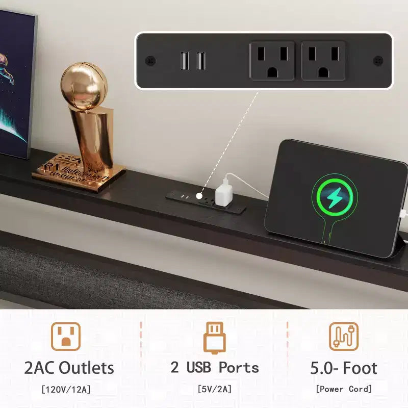 Cadre de lit plateforme Queen Size en métal noir avec tête de lit de rangement, éclairage LED intégré, station de recharge USB, rangement sous le lit, sommier tapissier non requis