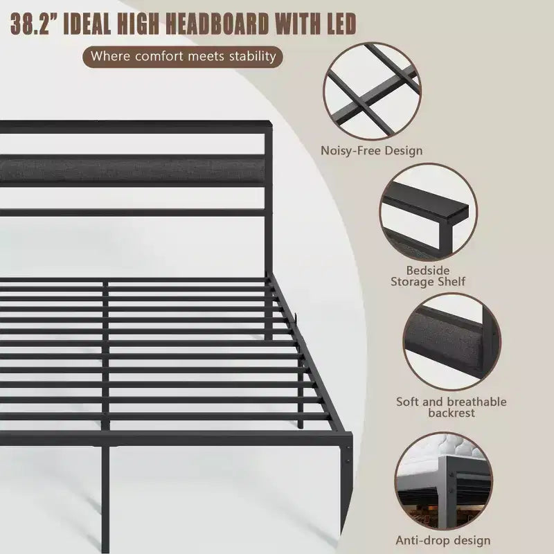 Cadre de lit plateforme Queen Size en métal noir avec tête de lit de rangement, éclairage LED intégré, station de recharge USB, rangement sous le lit, sommier tapissier non requis