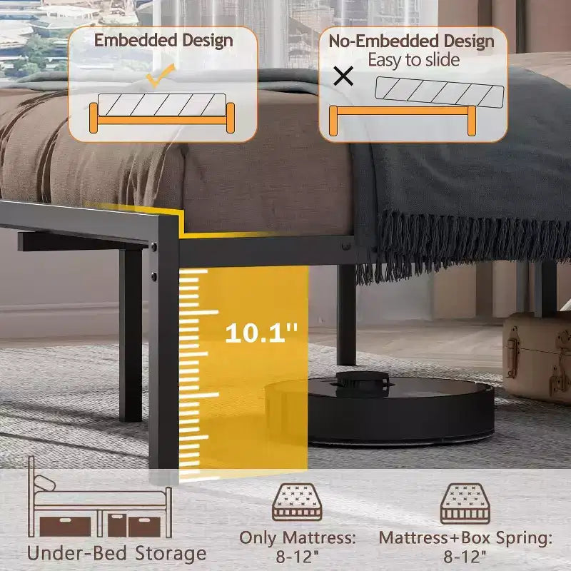 Cadre de lit plateforme Queen Size en métal noir avec tête de lit de rangement, éclairage LED intégré, station de recharge USB, rangement sous le lit, sommier tapissier non requis