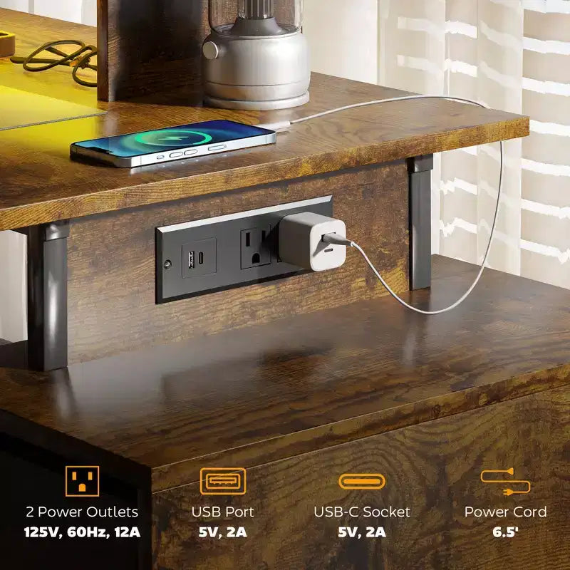 Bureau d'ordinateur 56" avec rangement, Table d'ordinateur avec prises de courant et lumières LED