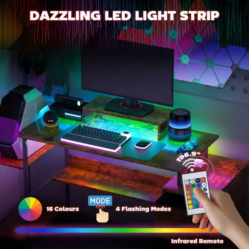 Bureau d'ordinateur 56" avec rangement, Table d'ordinateur avec prises de courant et lumières LED