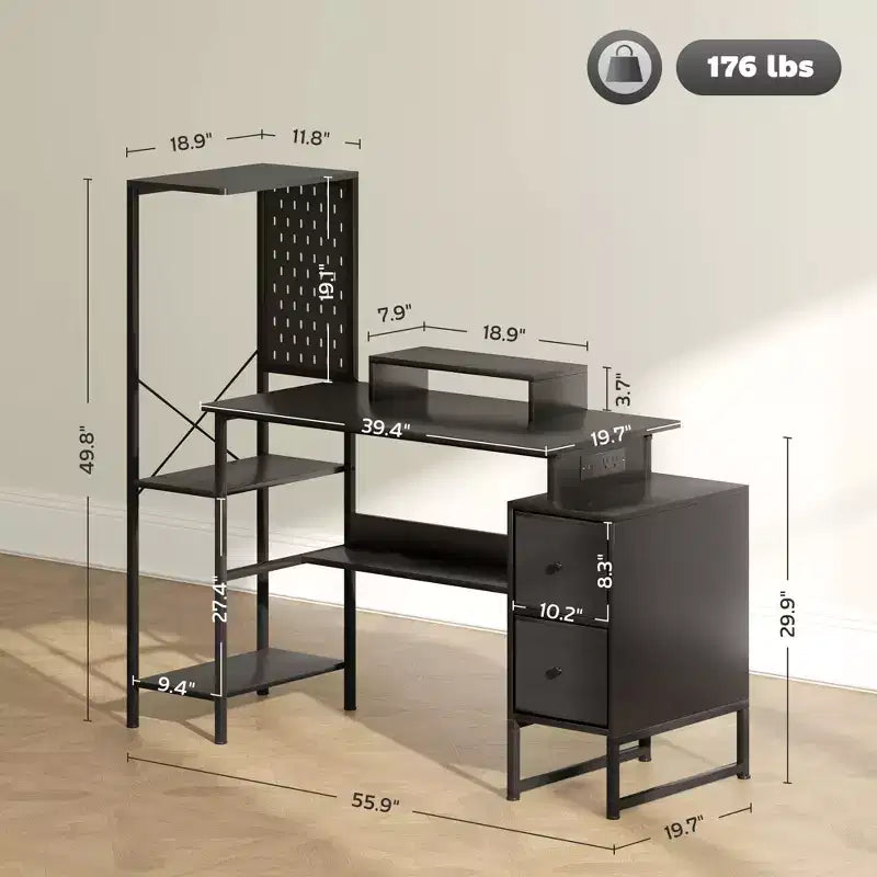 Bureau d'ordinateur 56" avec rangement, Table d'ordinateur avec prises de courant et lumières LED