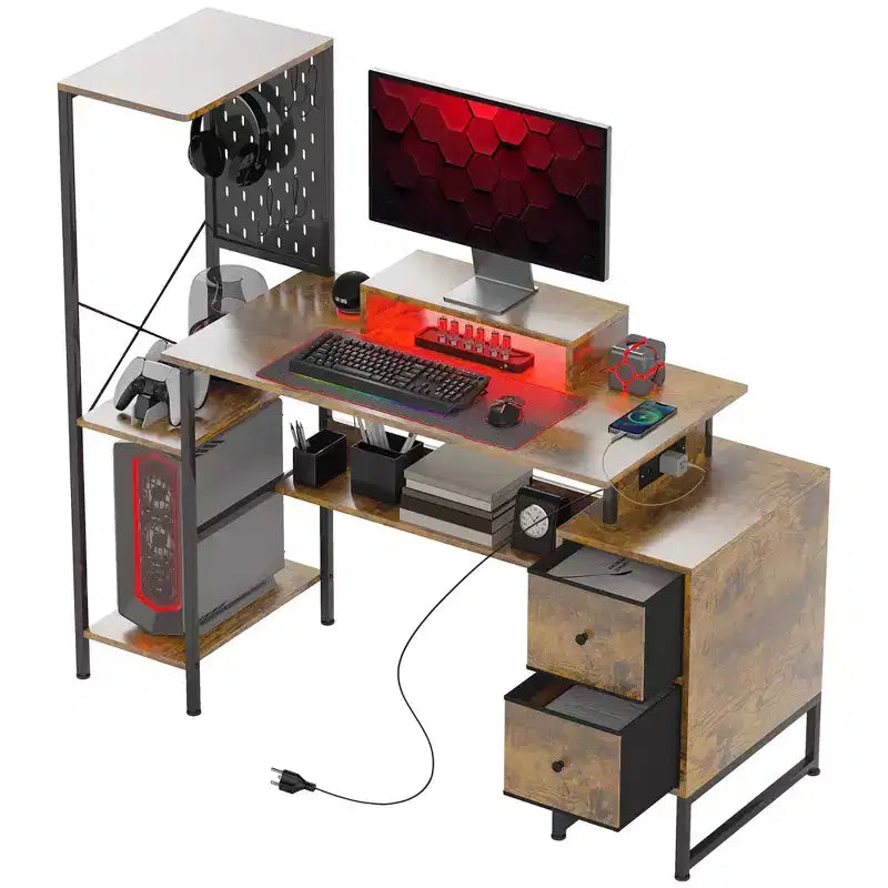 Bureau d'ordinateur 56" avec rangement, Table d'ordinateur avec prises de courant et lumières LED