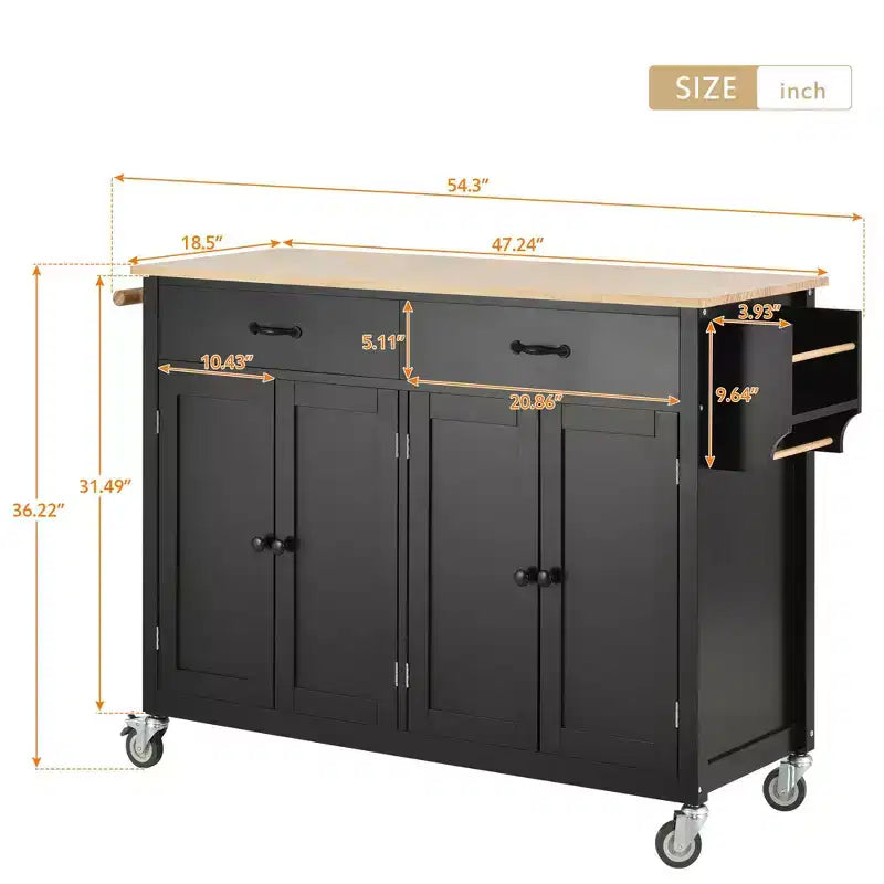 PexFix Desserte de cuisine îlot de 137,9 cm avec plateau en bois massif et roues verrouillables, placard à 4 portes et deux tiroirs, support à épices et porte-serviettes, noir