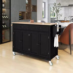 PexFix Desserte de cuisine îlot de 137,9 cm avec plateau en bois massif et roues verrouillables, placard à 4 portes et deux tiroirs, support à épices et porte-serviettes, noir