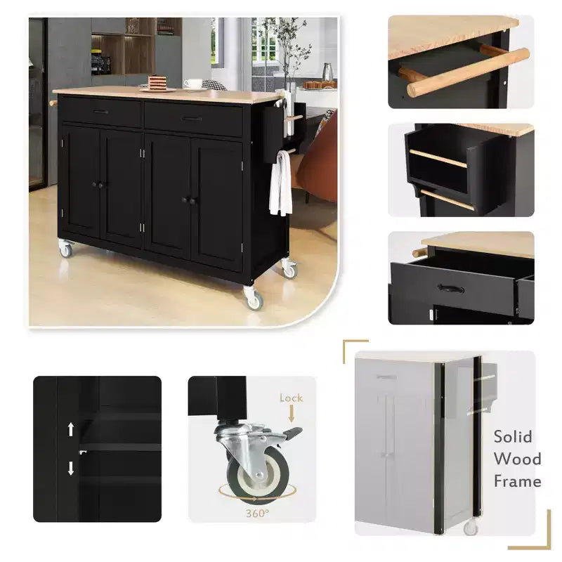PexFix Desserte de cuisine îlot de 137,9 cm avec plateau en bois massif et roues verrouillables, placard à 4 portes et deux tiroirs, support à épices et porte-serviettes, noir