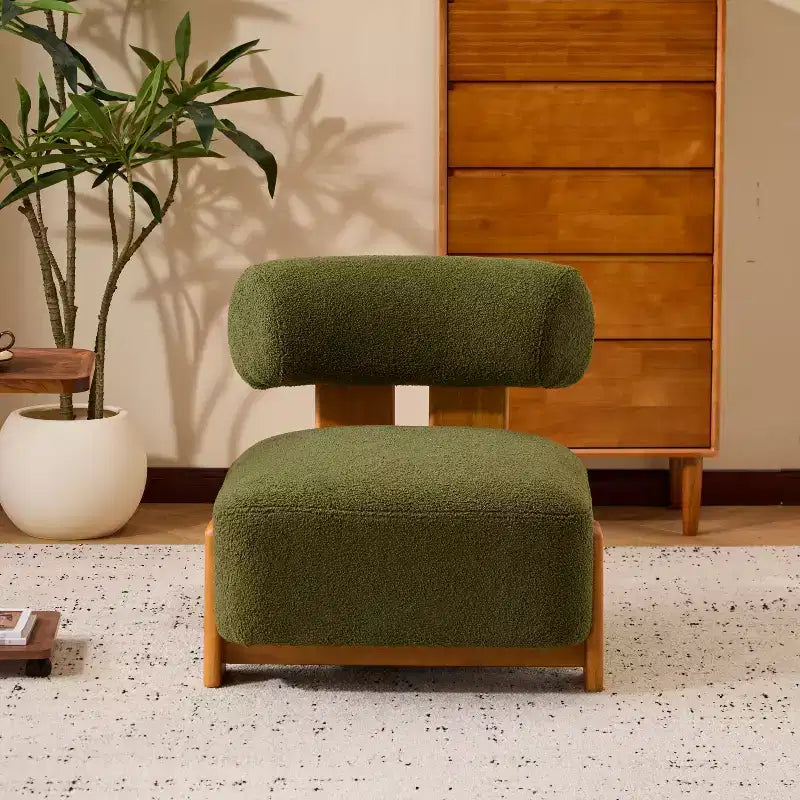 Fauteuil d'appoint moderne sans accoudoirs Okak Boucle avec dossier roulé, fauteuil de lecture en bois massif pour salon, chambre à coucher