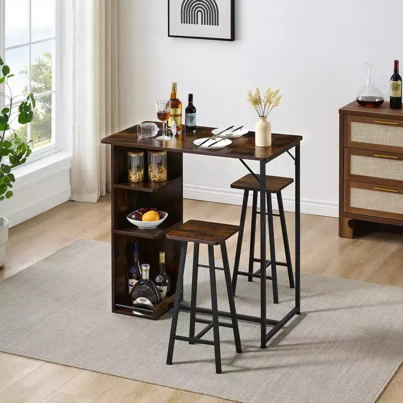 COZONY Ensemble de table et chaises de bar 3 pièces, Ensemble de salle à manger avec 3 étagères de rangement et tabourets
