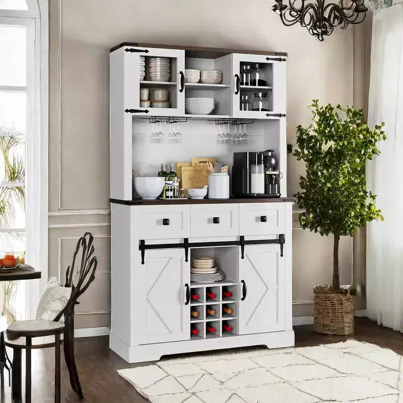 COZONY Buffet de Bar à Vin Haute de 72 po avec Porte et Porte-Verres, Armoire à Liqueurs Autonome avec Rangement Fermé pour Cuisine et Salon, Blanc