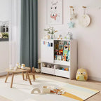 Famapy Étagère de Rangement Blanche pour Enfants Meuble de Rangement Jouets Porte Coulissante + Bacs Roulants + Étagères Multi-Niveaux