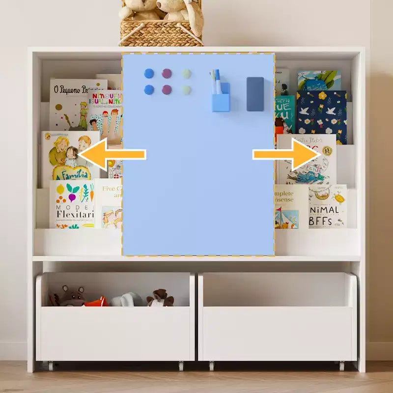 Famapy Étagère de Rangement Blanche pour Enfants Meuble de Rangement Jouets Porte Coulissante + Bacs Roulants + Étagères Multi-Niveaux