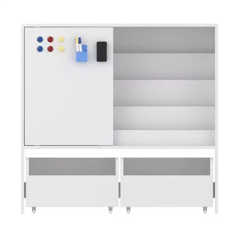 Famapy Étagère de Rangement Blanche pour Enfants Meuble de Rangement Jouets Porte Coulissante + Bacs Roulants + Étagères Multi-Niveaux