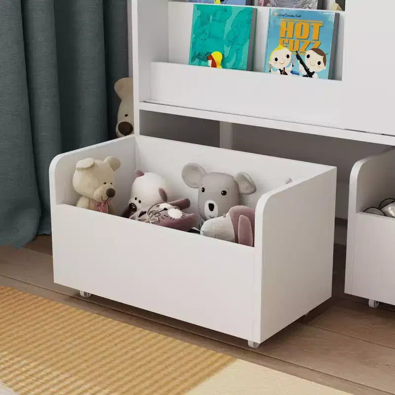 Famapy Étagère de Rangement Blanche pour Enfants Meuble de Rangement Jouets Porte Coulissante + Bacs Roulants + Étagères Multi-Niveaux