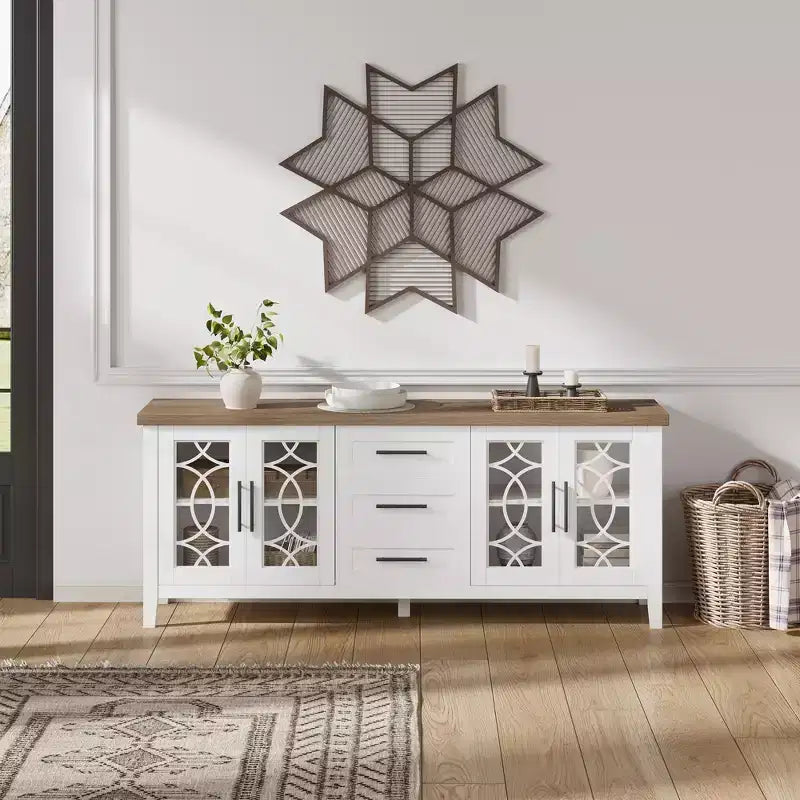 Meuble TV de ferme pour téléviseur 70 pouces, console média de style Mid-century avec 3 tiroirs et 2 portes, buffet de cuisine, meuble d'entrée, rangement polyvalent