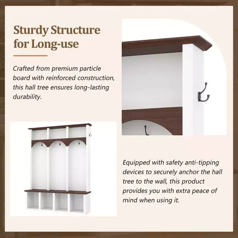 Porte-manteau de ferme Okak avec design arqué, support à manteaux autoportant avec banc de rangement et 5 crochets, arbre à manteaux pour salon, chambre, blanc