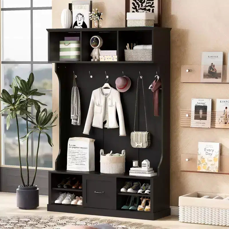 Meuble d'entrée moderne Okak avec 6 patères, porte-manteau avec banc et tiroir spacieux, rangement pour entrée, salon, noir