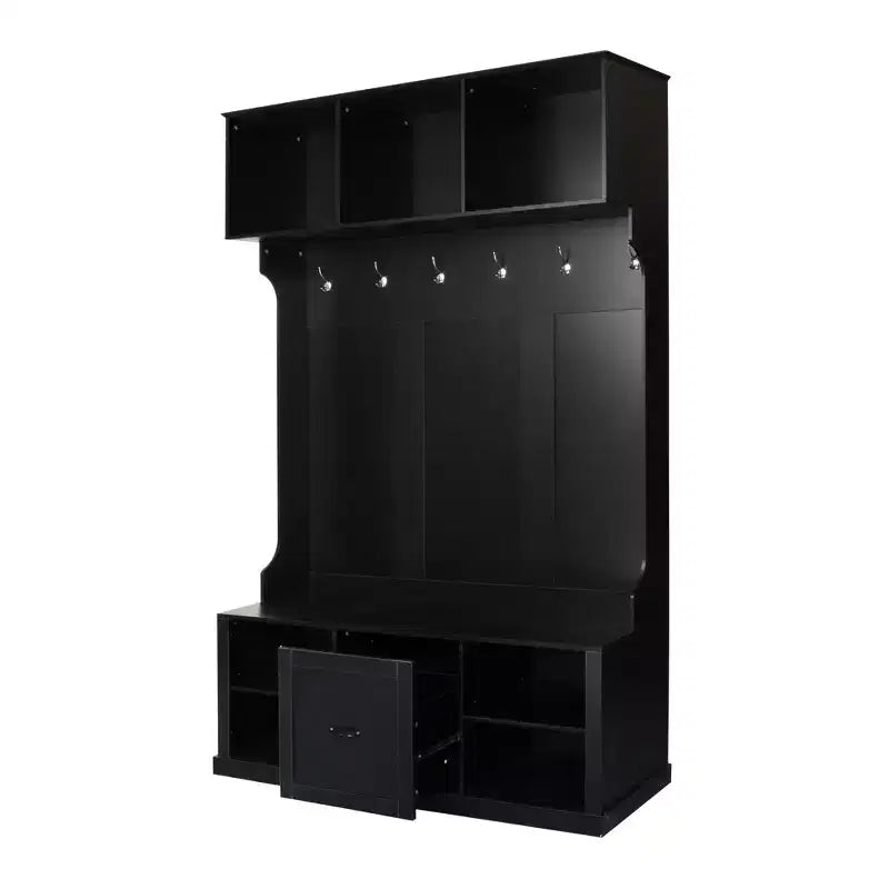 Meuble d'entrée moderne Okak avec 6 patères, porte-manteau avec banc et tiroir spacieux, rangement pour entrée, salon, noir