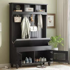 Meuble d'entrée 5-en-1 Okak avec portes persiennes, porte-manteau autoportant avec coussin et 4 patères robustes, meuble d'entrée large pour couloir, noir