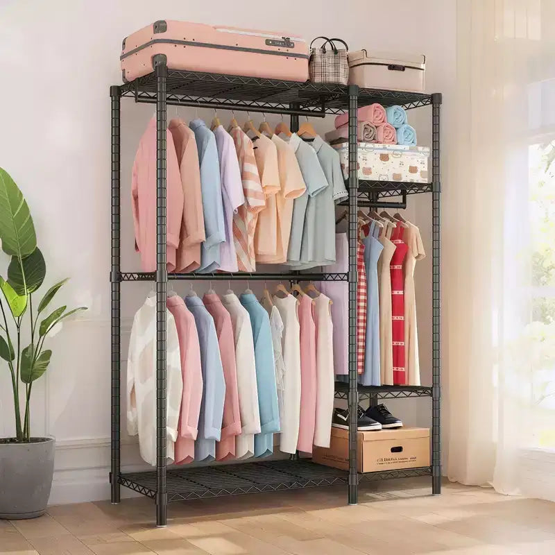 Étagère de rangement robuste Okak avec 6 tablettes métalliques réglables, Portant à vêtements autoportant avec 3 tringles, Meuble d'entrée pour Salon, Chambre à coucher, Noir