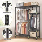 Étagère de rangement robuste Okak avec 6 tablettes métalliques réglables, Portant à vêtements autoportant avec 3 tringles, Meuble d'entrée pour Salon, Chambre à coucher, Noir