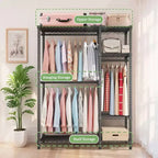 Étagère de rangement robuste Okak avec 6 tablettes métalliques réglables, Portant à vêtements autoportant avec 3 tringles, Meuble d'entrée pour Salon, Chambre à coucher, Noir