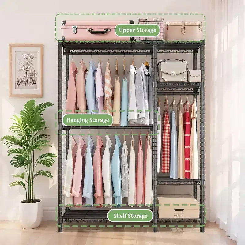 Étagère de rangement robuste Okak avec 6 tablettes métalliques réglables, Portant à vêtements autoportant avec 3 tringles, Meuble d'entrée pour Salon, Chambre à coucher, Noir