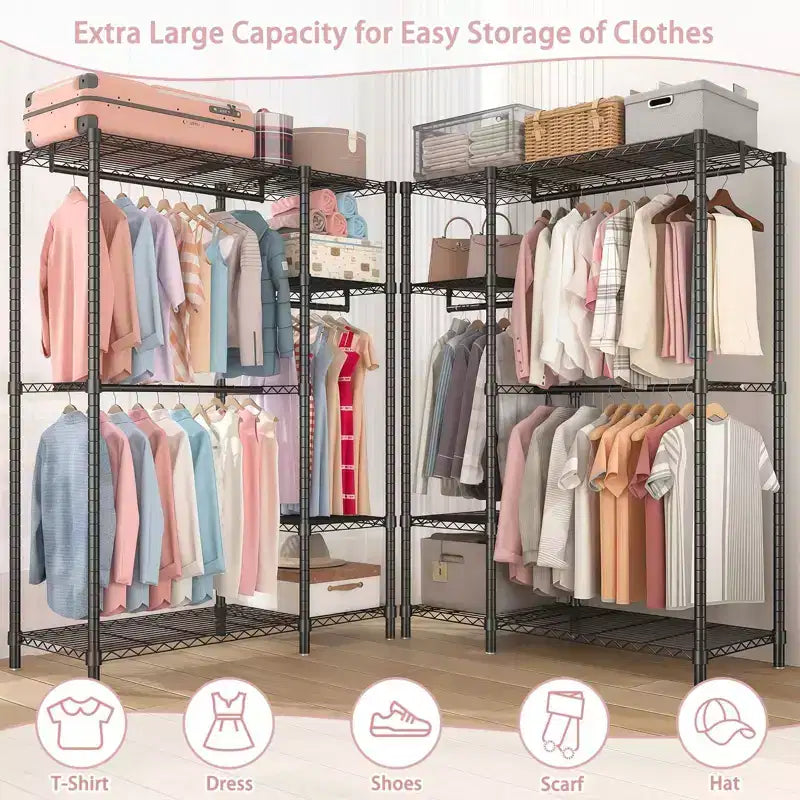 Étagère de rangement robuste Okak avec 6 tablettes métalliques réglables, Portant à vêtements autoportant avec 3 tringles, Meuble d'entrée pour Salon, Chambre à coucher, Noir