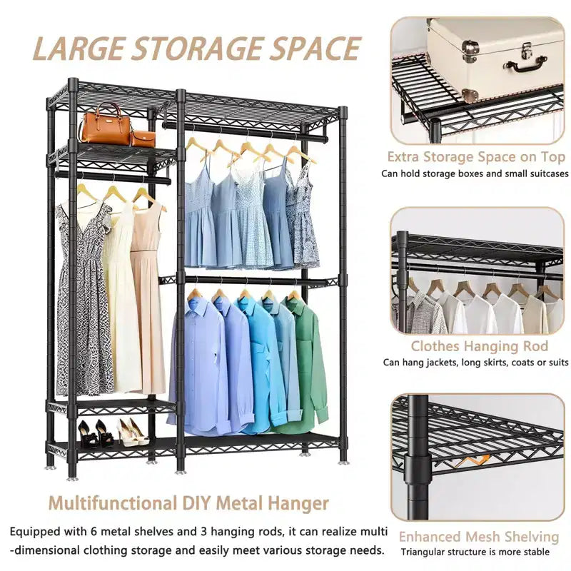 Étagère de rangement robuste Okak avec 6 tablettes métalliques réglables, Portant à vêtements autoportant avec 3 tringles, Meuble d'entrée pour Salon, Chambre à coucher, Noir