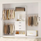 Besiost Système de dressing autoportant avec tringles et miroir, rangement de placard de plain-pied en bois avec tiroir