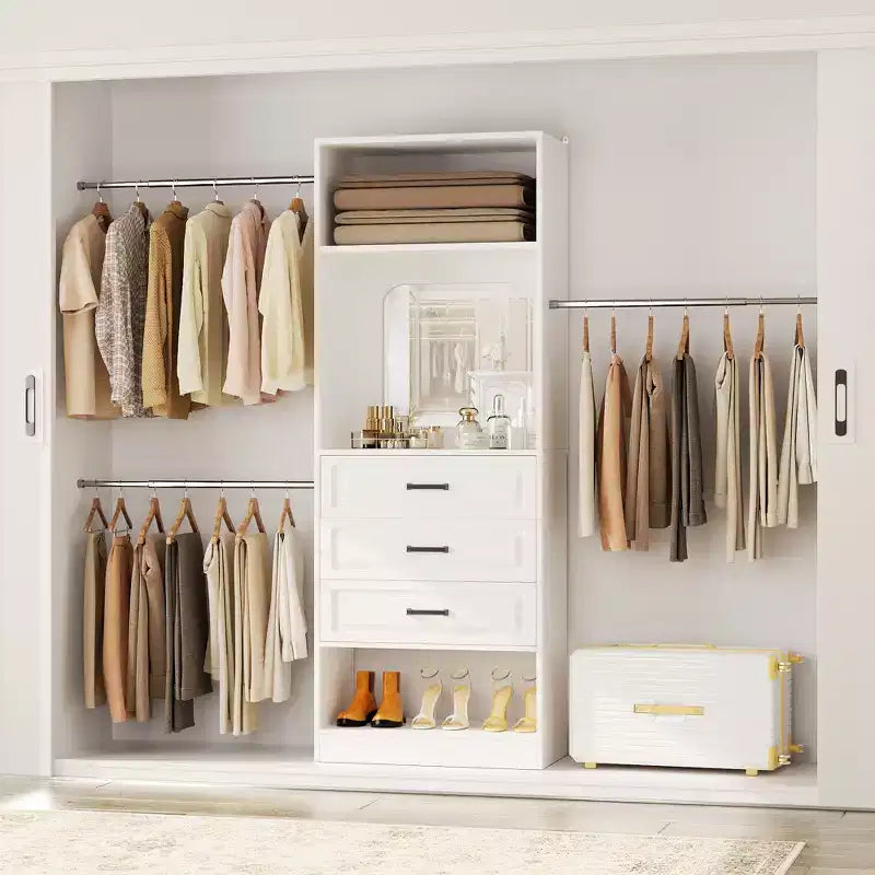 Besiost Système de dressing autoportant avec tringles et miroir, rangement de placard de plain-pied en bois avec tiroir
