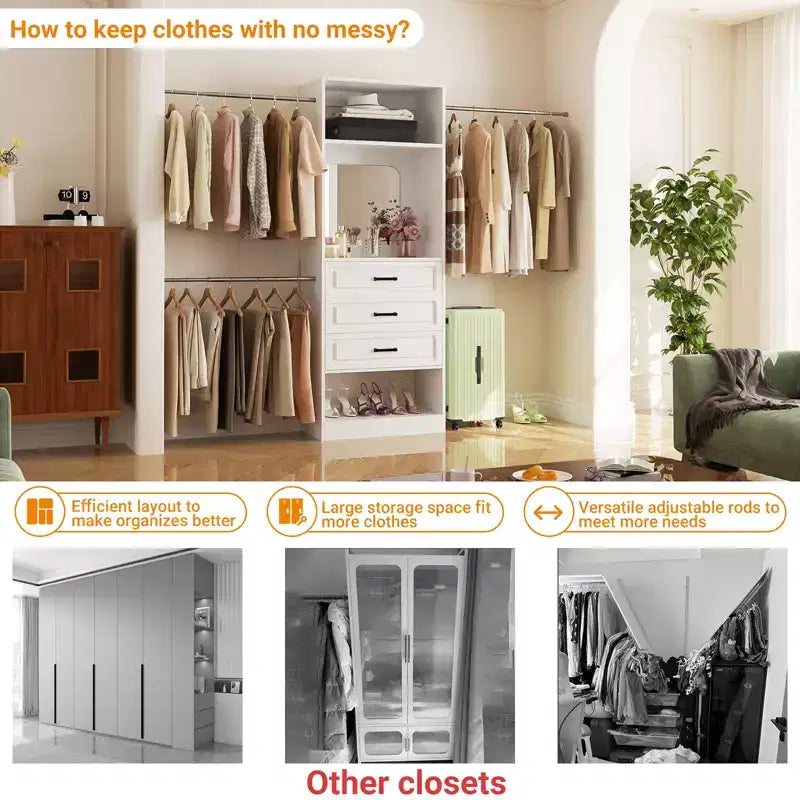 Besiost Système de dressing autoportant avec tringles et miroir, rangement de placard de plain-pied en bois avec tiroir