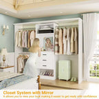 Besiost Système de dressing autoportant avec tringles et miroir, rangement de placard de plain-pied en bois avec tiroir