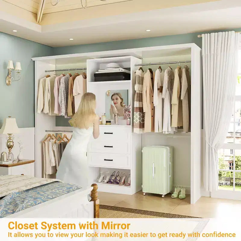 Besiost Système de dressing autoportant avec tringles et miroir, rangement de placard de plain-pied en bois avec tiroir