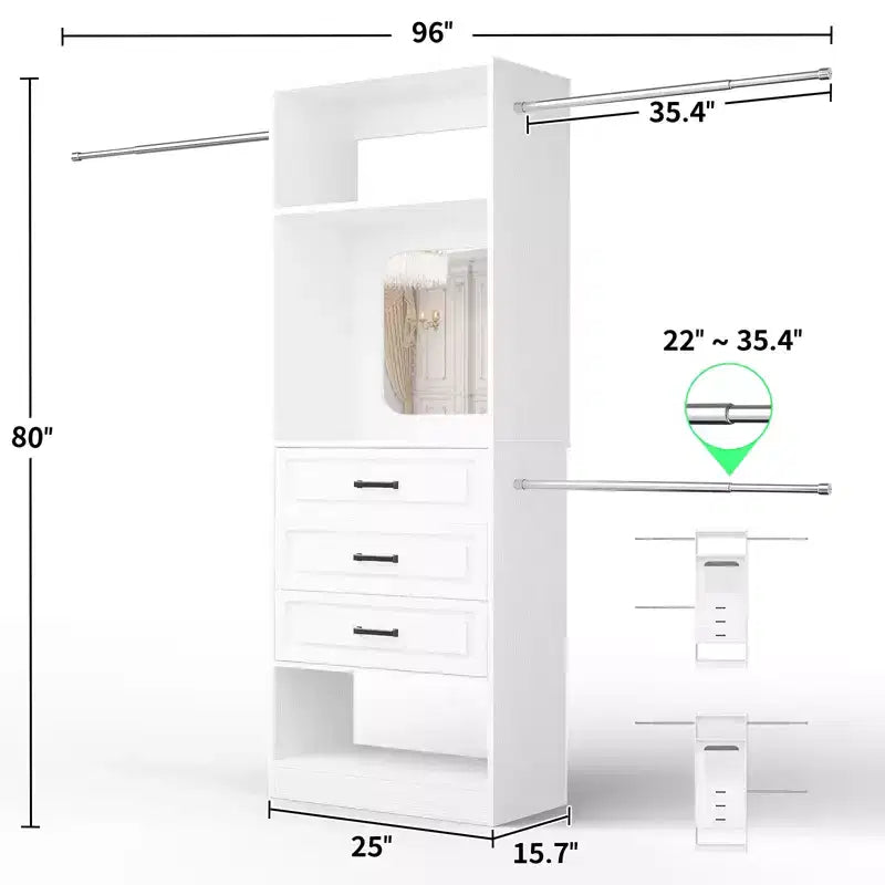 Besiost Système de dressing autoportant avec tringles et miroir, rangement de placard de plain-pied en bois avec tiroir