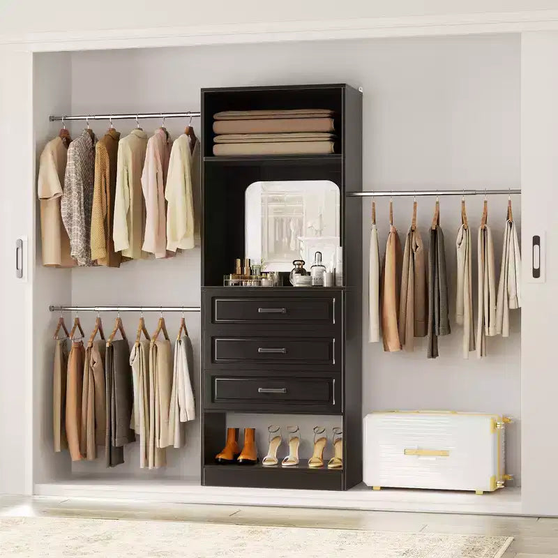 Besiost Système de dressing autoportant avec tringles et miroir, rangement de placard de plain-pied en bois avec tiroir