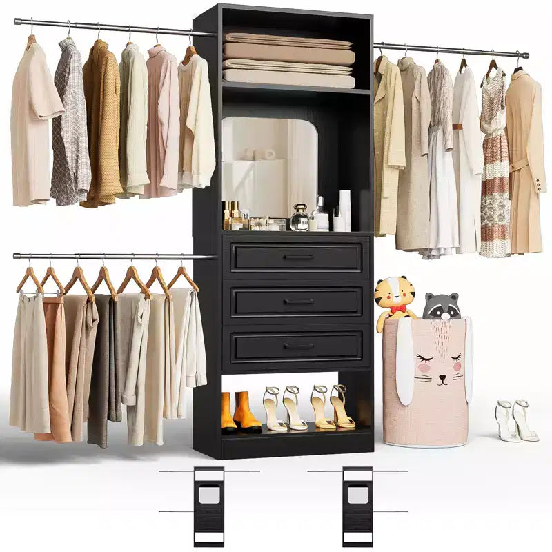 Besiost Système de dressing autoportant avec tringles et miroir, rangement de placard de plain-pied en bois avec tiroir