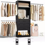 Besiost Système de dressing autoportant avec tringles et miroir, rangement de placard de plain-pied en bois avec tiroir