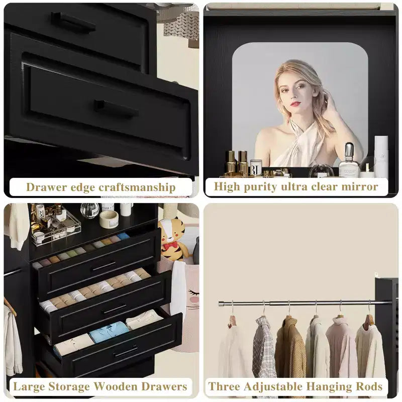 Besiost Système de dressing autoportant avec tringles et miroir, rangement de placard de plain-pied en bois avec tiroir