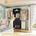 Besiost Système de dressing autoportant avec tringles et miroir, rangement de placard de plain-pied en bois avec tiroir