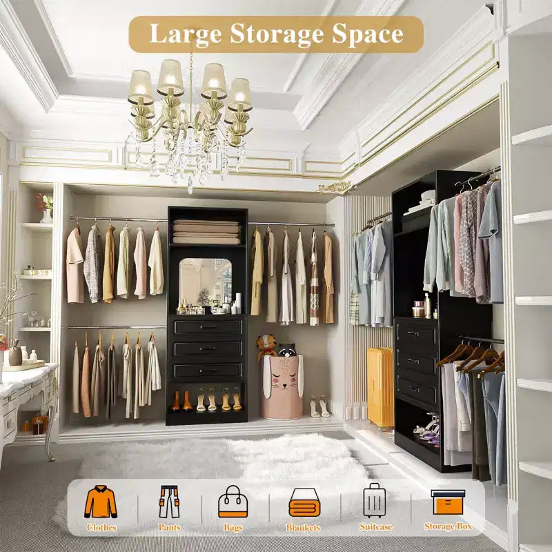 Besiost Système de dressing autoportant avec tringles et miroir, rangement de placard de plain-pied en bois avec tiroir