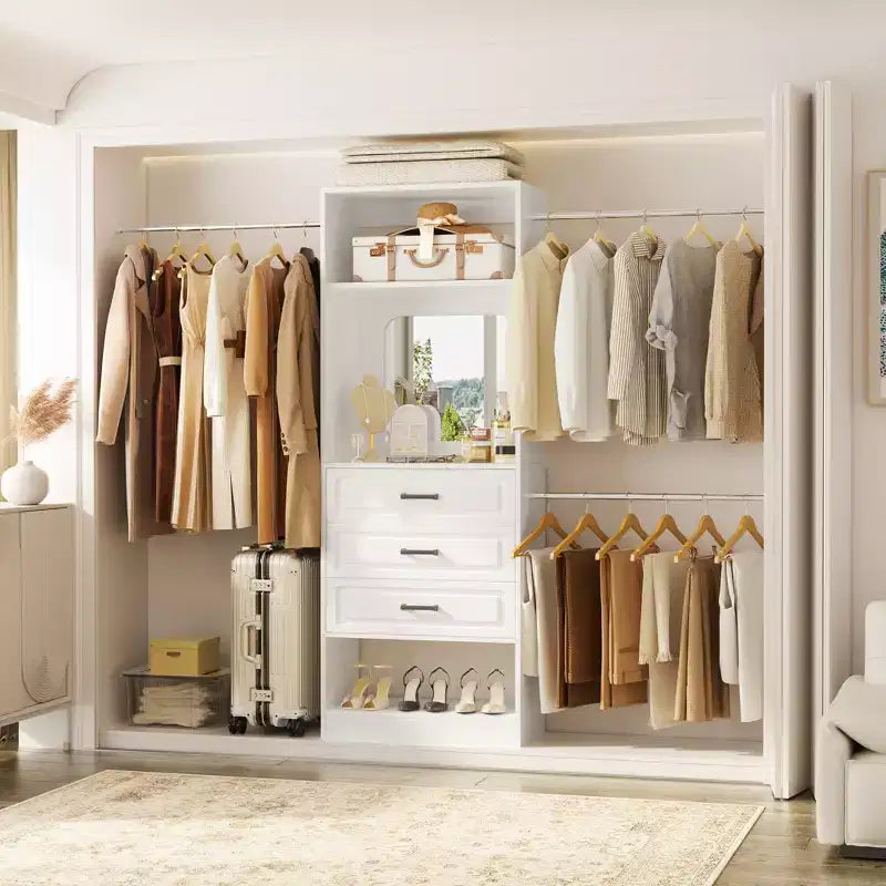 Besiost Système de dressing autoportant avec tringles et miroir, rangement de placard de plain-pied en bois avec tiroir