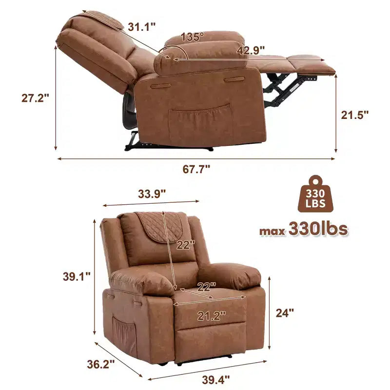Fauteuil inclinable adulte GustoWave avec chauffage et massage, inclinable manuel réglable à 135° avec poches latérales de rangement et télécommande