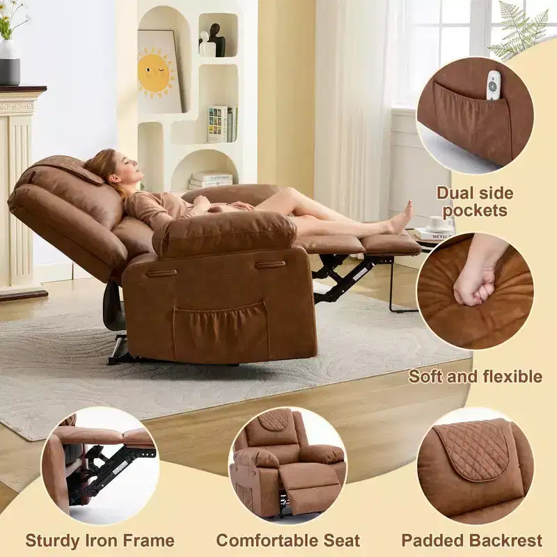 Fauteuil inclinable adulte GustoWave avec chauffage et massage, inclinable manuel réglable à 135° avec poches latérales de rangement et télécommande
